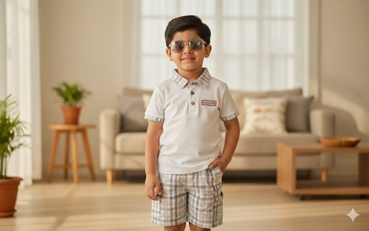Classic White Polo with Grey Check Collar and Matching Plaid Shorts