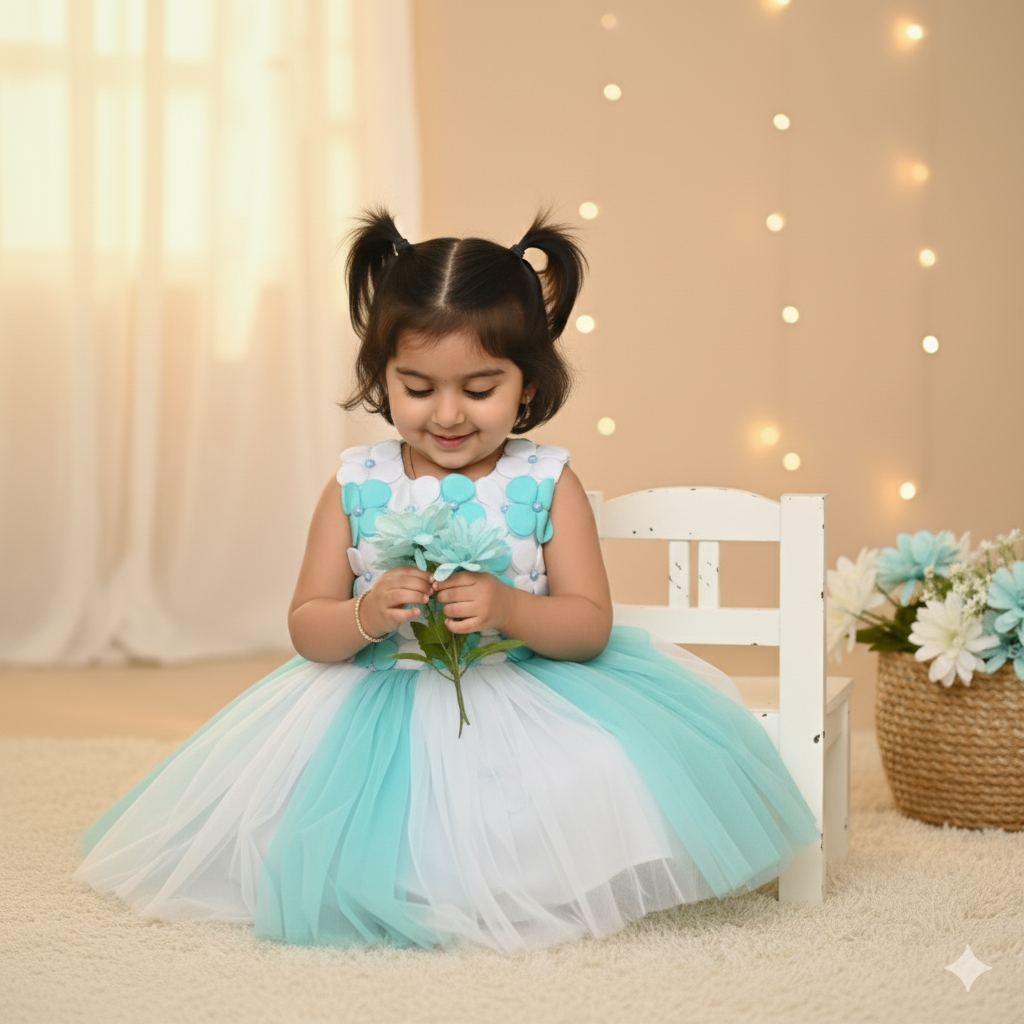 Mint and White Tulle Floral Party Frock Dress