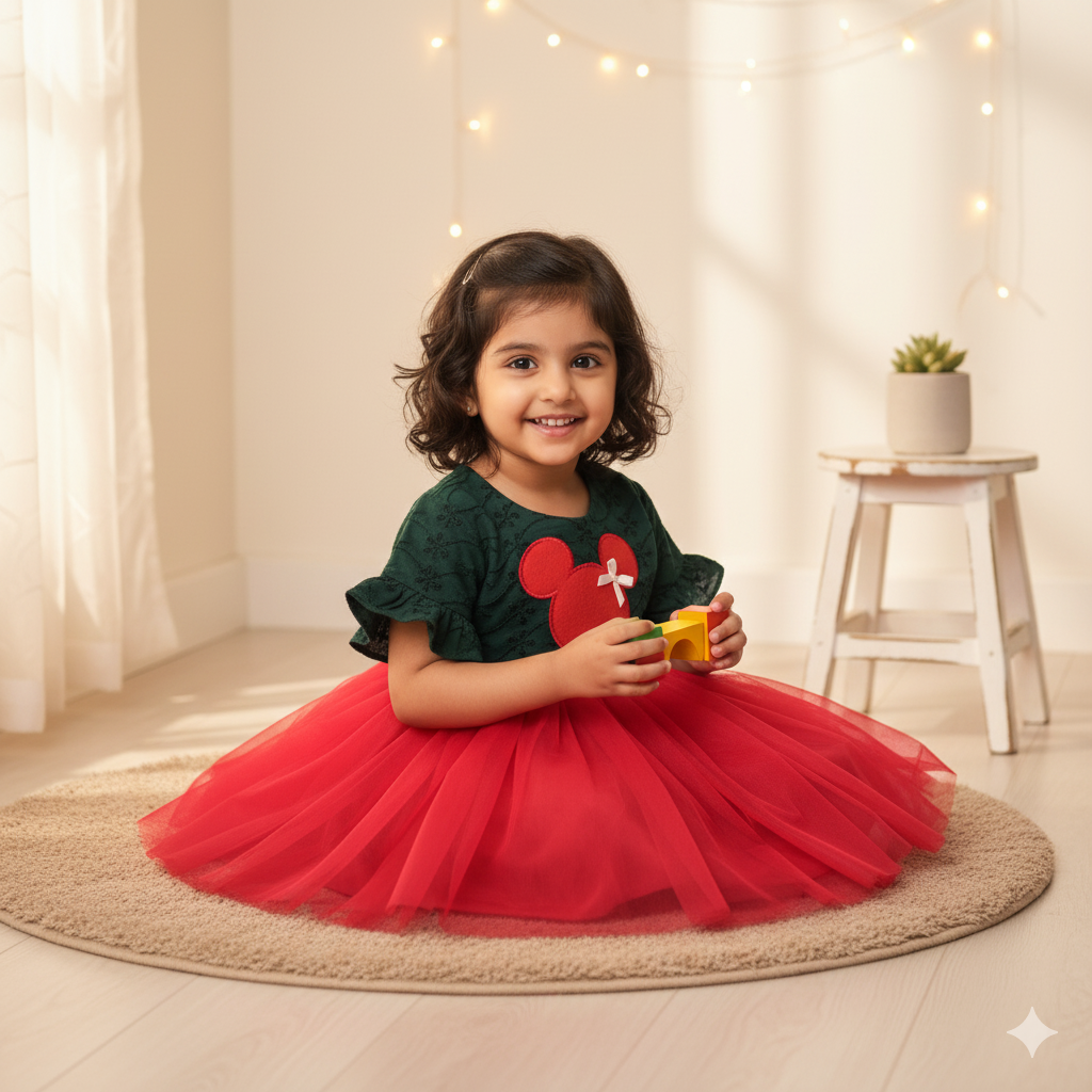 Festive Green and Red Mickey Mouse Schiffli Dress