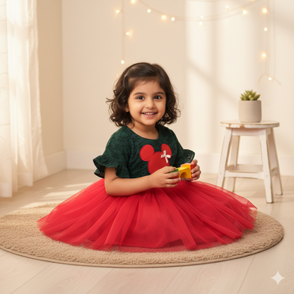 Festive Green and Red Mickey Mouse Schiffli Dress
