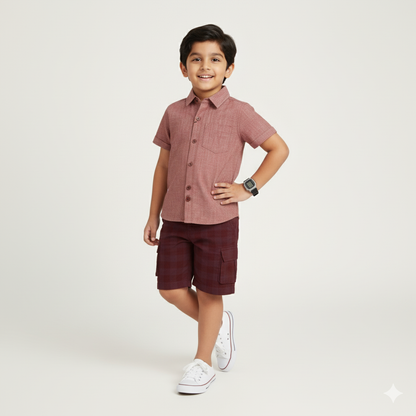 Boys Slim Fit Solid Casual Check Shirt and Shorts Set