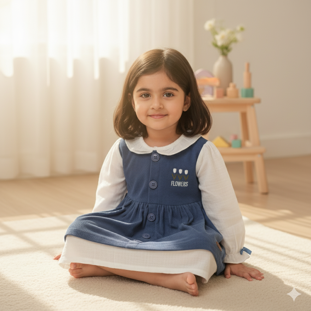 Sweet Blue Corduroy Pinafore with White Puff-Sleeves Top