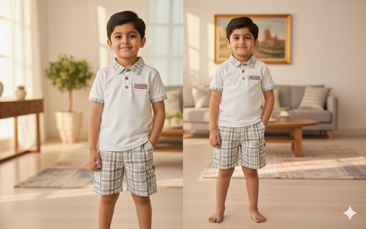 Classic White Polo with Grey Check Collar and Matching Plaid Shorts