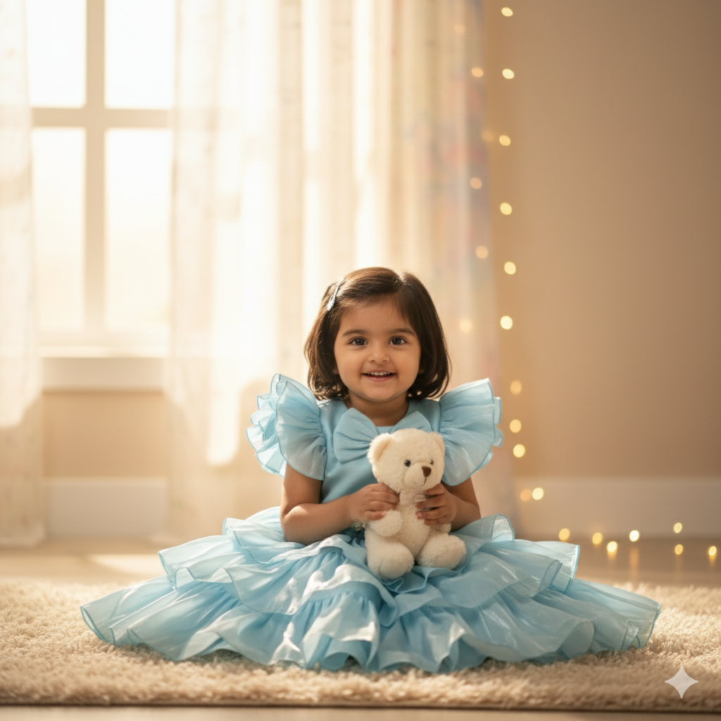 Girls Light Blue Flared Party Frock