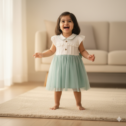 Elegant White Dress with Sage Green Tulle Skirt