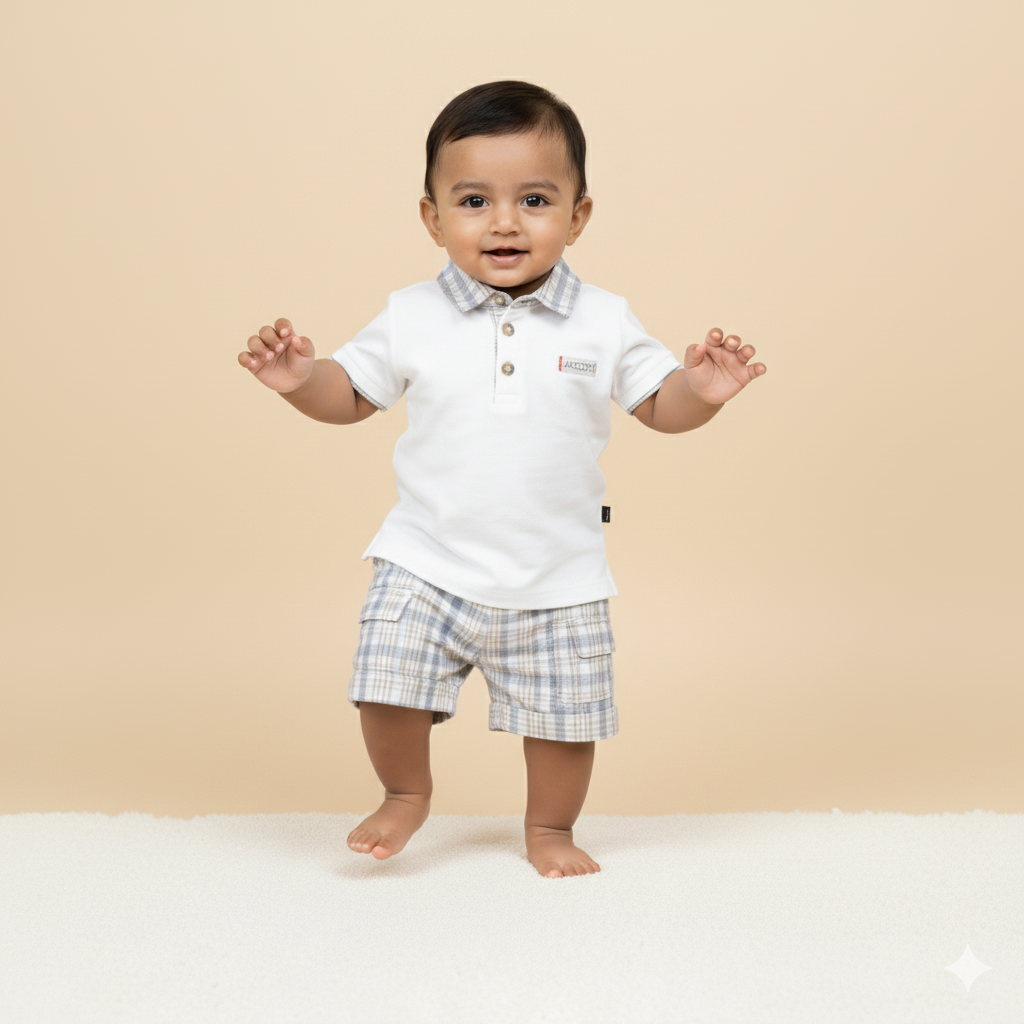 Classic White Polo with Grey-Beige Check Collar and Matching Plaid Shorts
