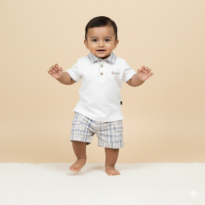 Classic White Polo with Grey-Beige Check Collar and Matching Plaid Shorts