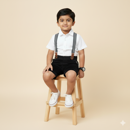 Boys Dapper White Shirt with Black Shorts sets with Suspenders