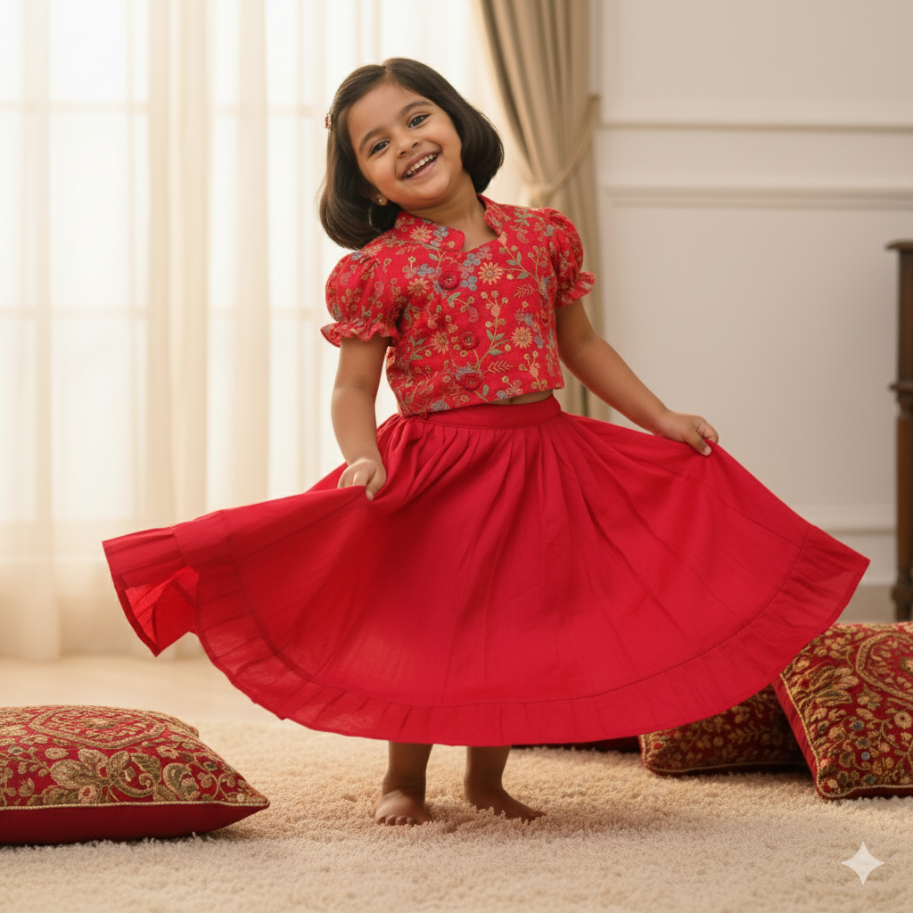 Girls Ethnic Floral Embroidered  Flare Red Dress set