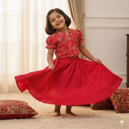 Girls Ethnic Floral Embroidered  Flare Red Dress set
