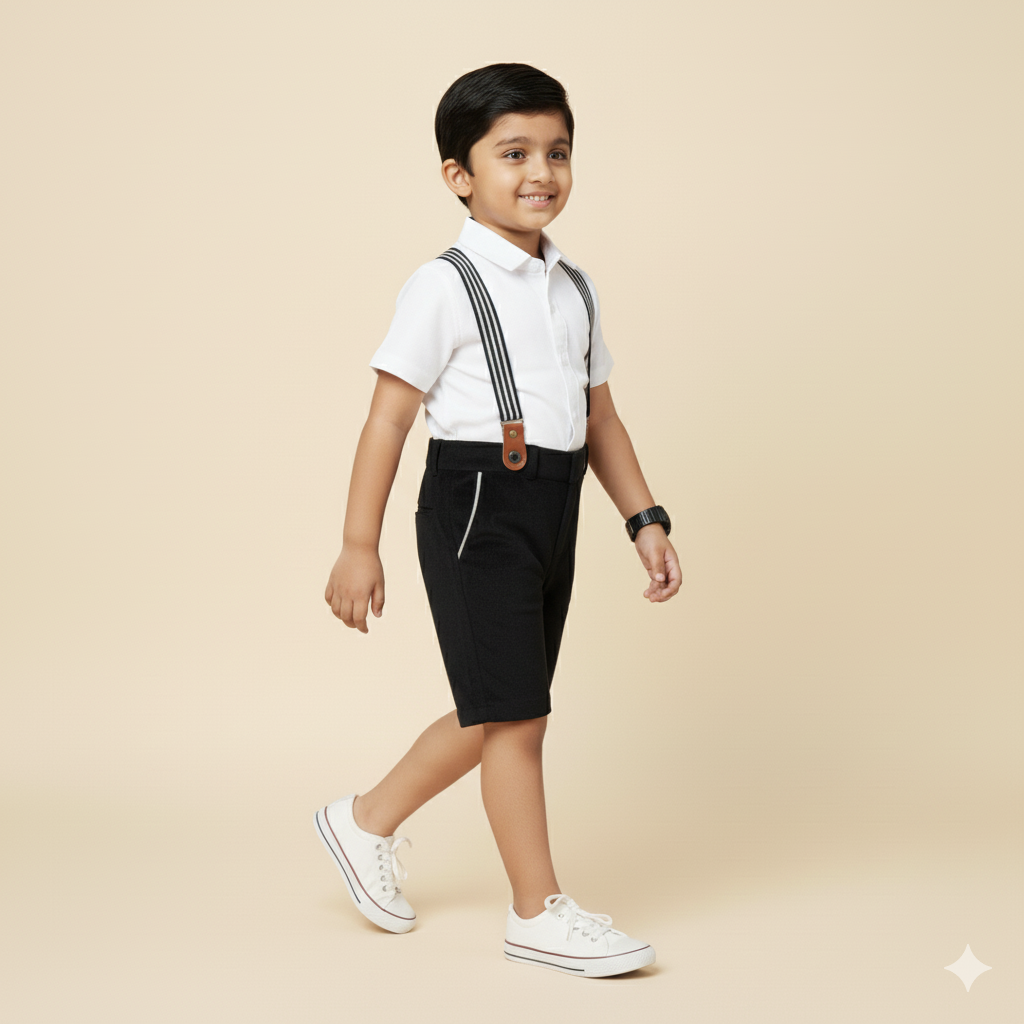 Boys Dapper White Shirt with Black Shorts sets with Suspenders