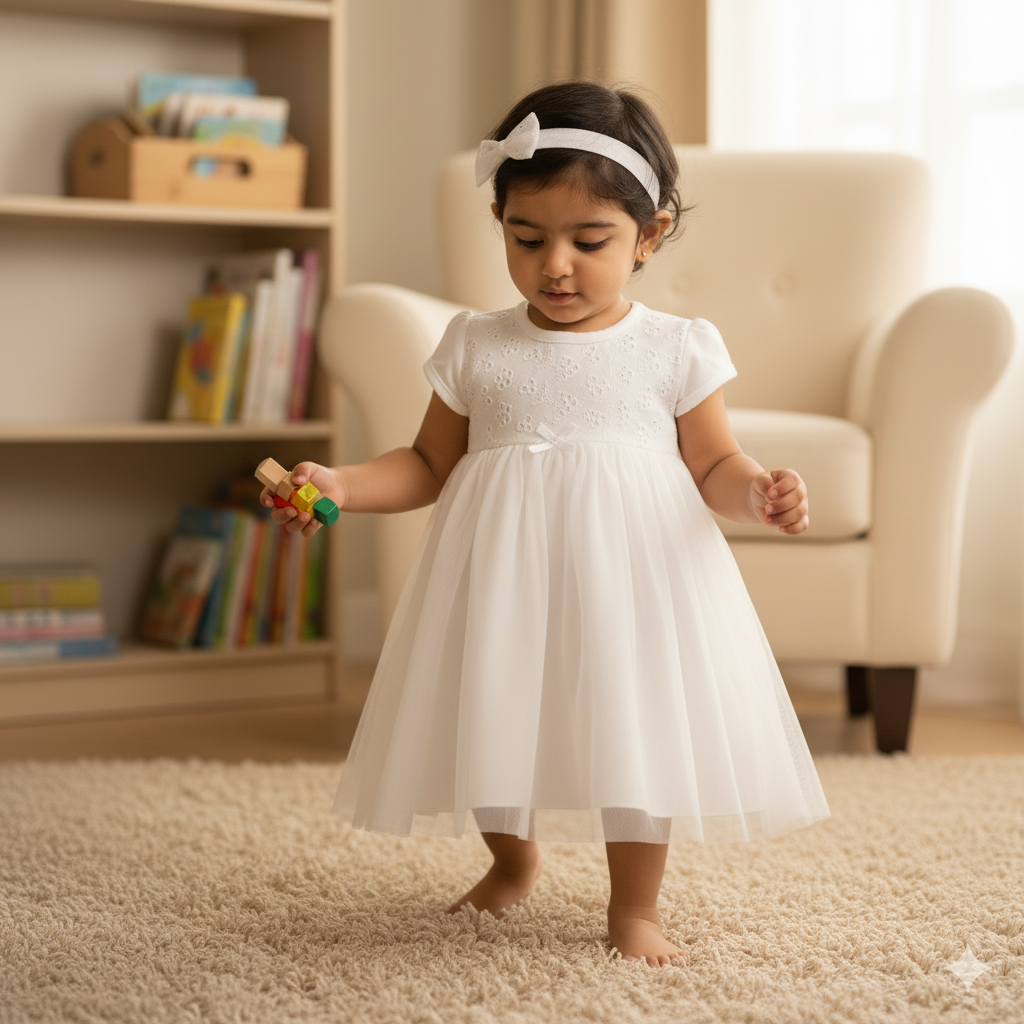 Delicate White Cotton Dress with Floral Schiffli Detail