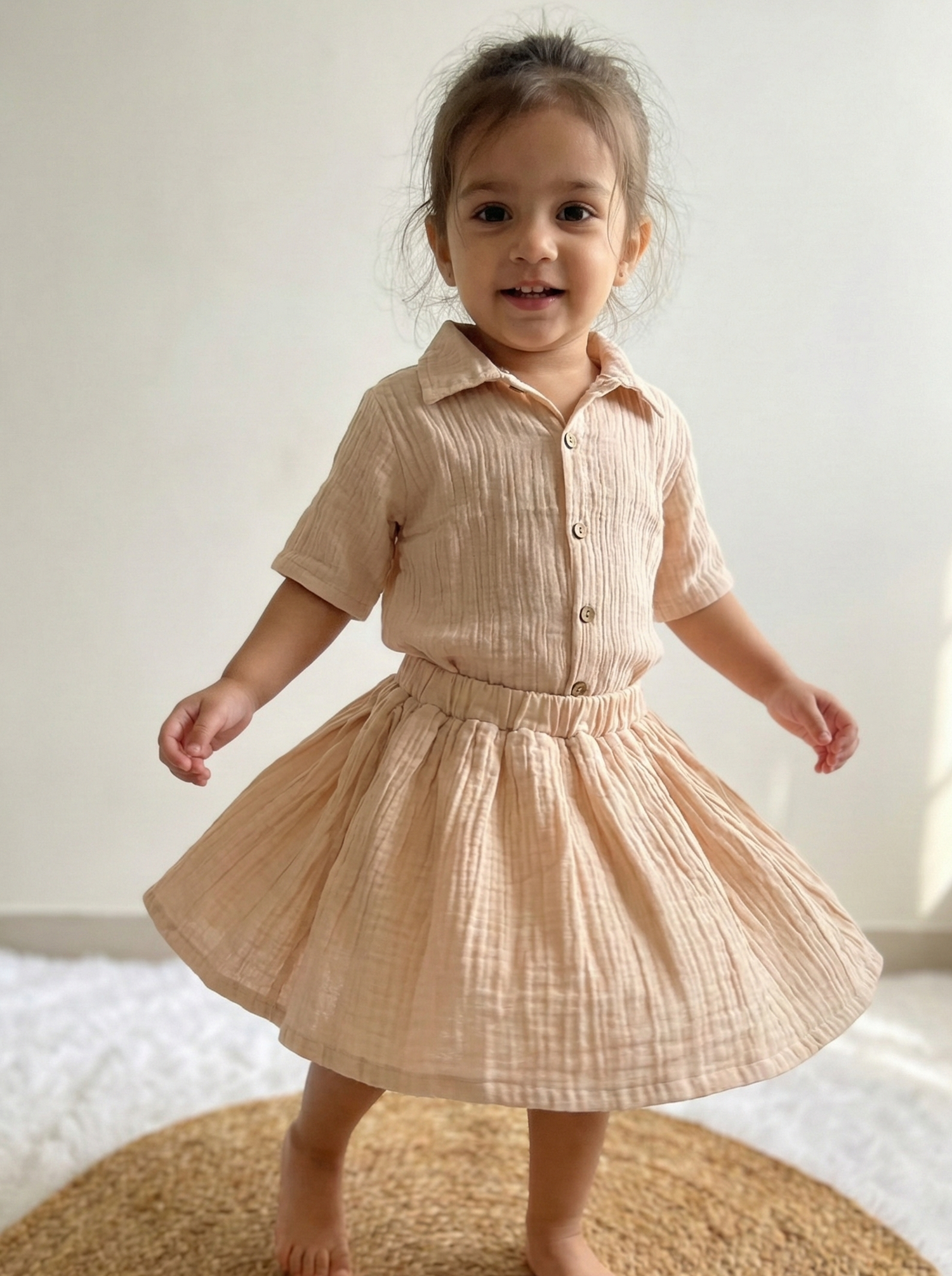 Soft Cotton Muslin Top and Skirt Set for Kids – Beige