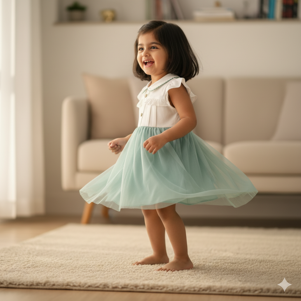 Elegant White Dress with Sage Green Tulle Skirt
