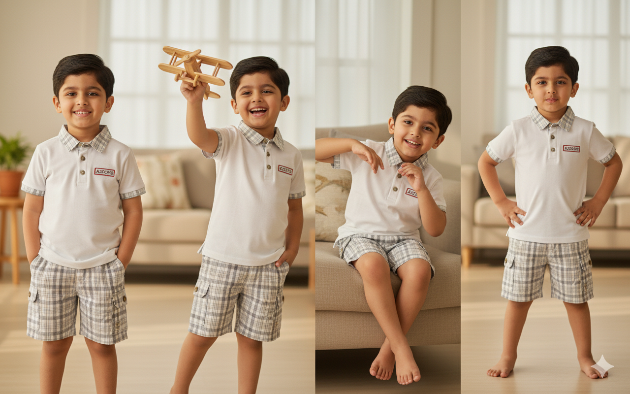 Classic White Polo with Grey Check Collar and Matching Plaid Shorts