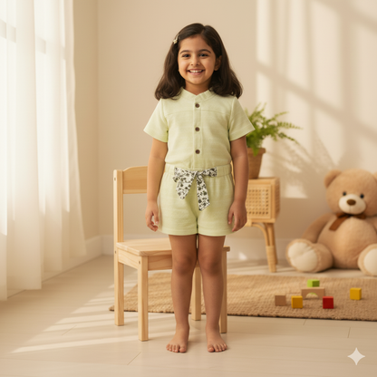 Sweet Lime Green Textured Rompers with Floral Print Belt