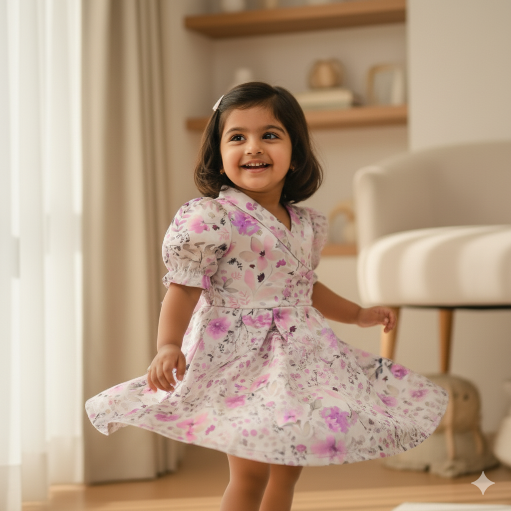 Girls Floral Print Silver Satin Fit & Flare Dress