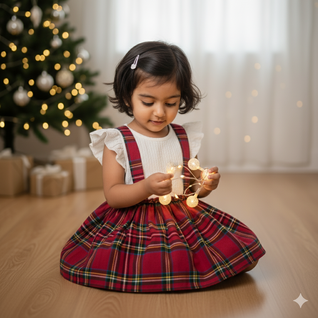 Classic White Ribbed Top with Red Tartan Frock