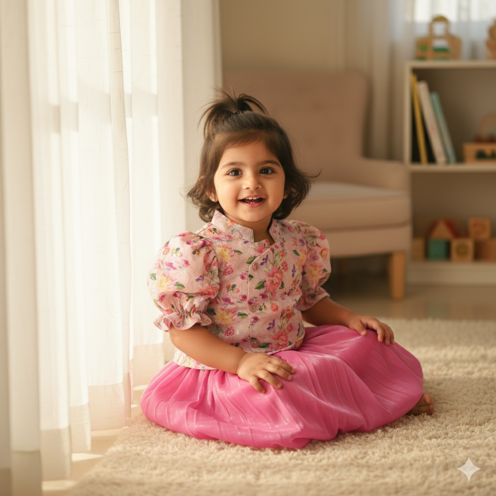 Girls Pink Floral Printed Top and Middi Set