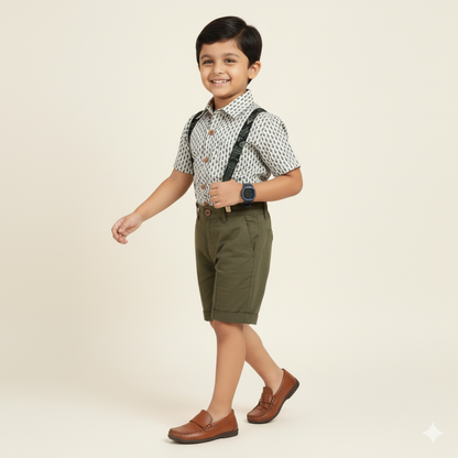 Boys Cotton Full Sleeves Dungarees  set Shirt Pant With Suspender