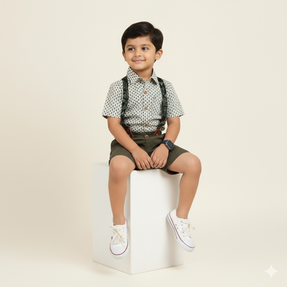 Boys Cotton Full Sleeves Dungarees  set Shirt Pant With Suspender