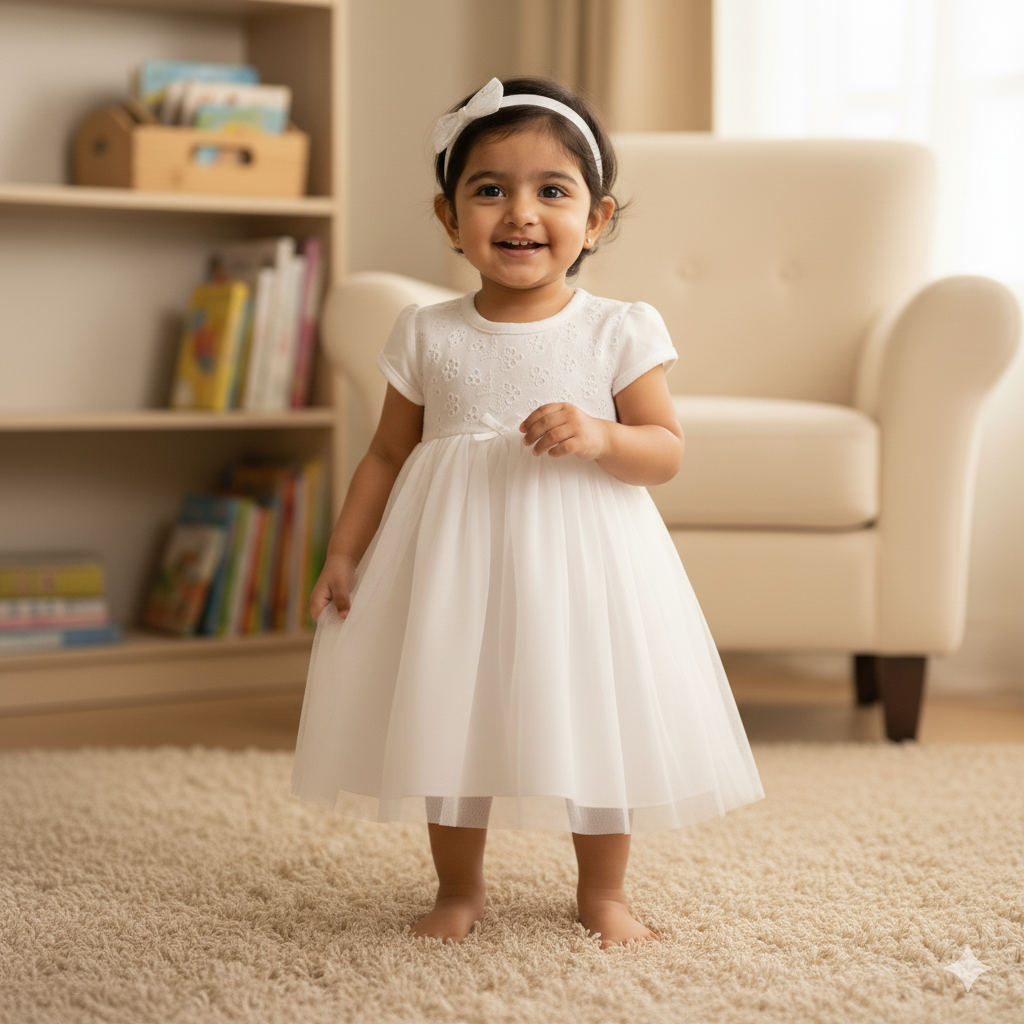 Delicate White Cotton Dress with Floral Schiffli Detail