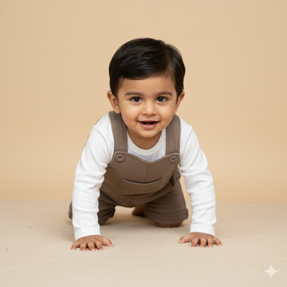 Boys White and Dust Full Sleeve Jumpsuit