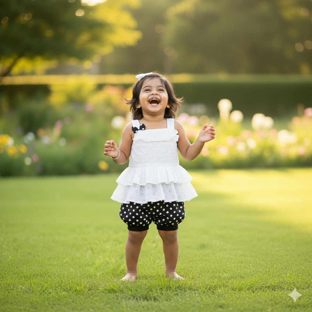 Sweet White Eyelet Ruffle Top and Black Bloomers with White Polka Dots