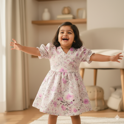 Girls Floral Print Silver Satin Fit & Flare Dress