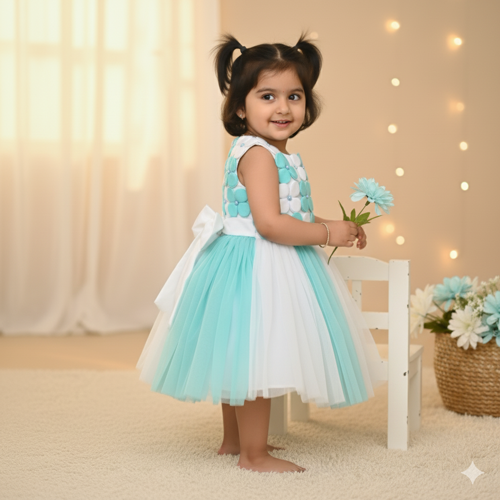 Mint and White Tulle Floral Party Frock Dress
