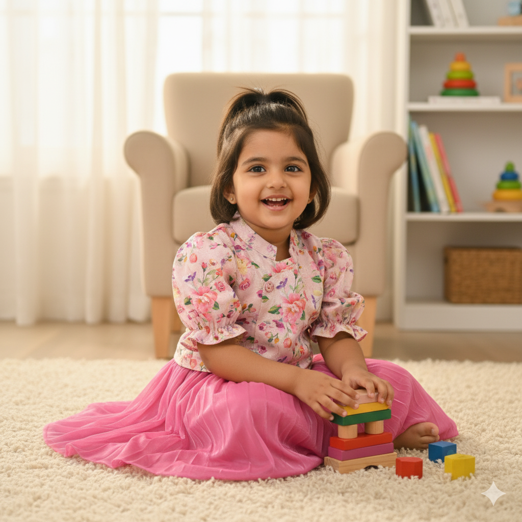 Girls Pink Floral Printed Top and Middi Set