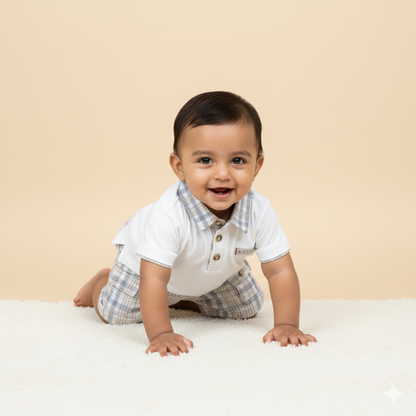 Classic White Polo with Grey-Beige Check Collar and Matching Plaid Shorts