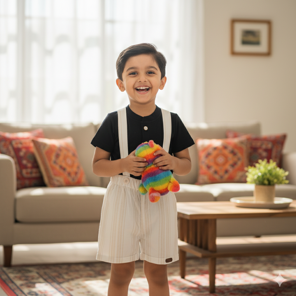 Dapper Black Polo with White Suspender Shorts