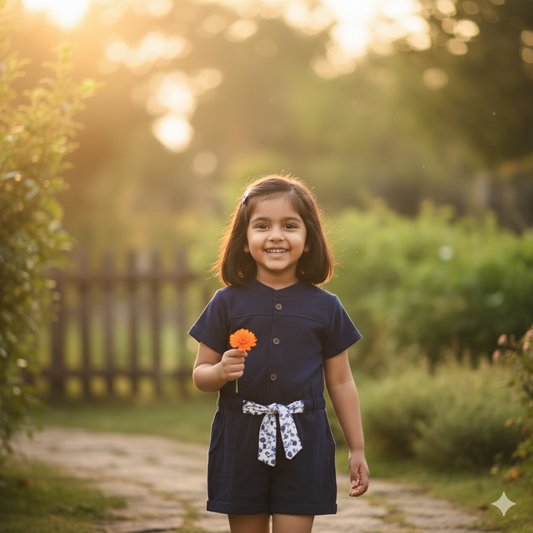 Classic Navy Cotton Rompers with Floral Print Belt