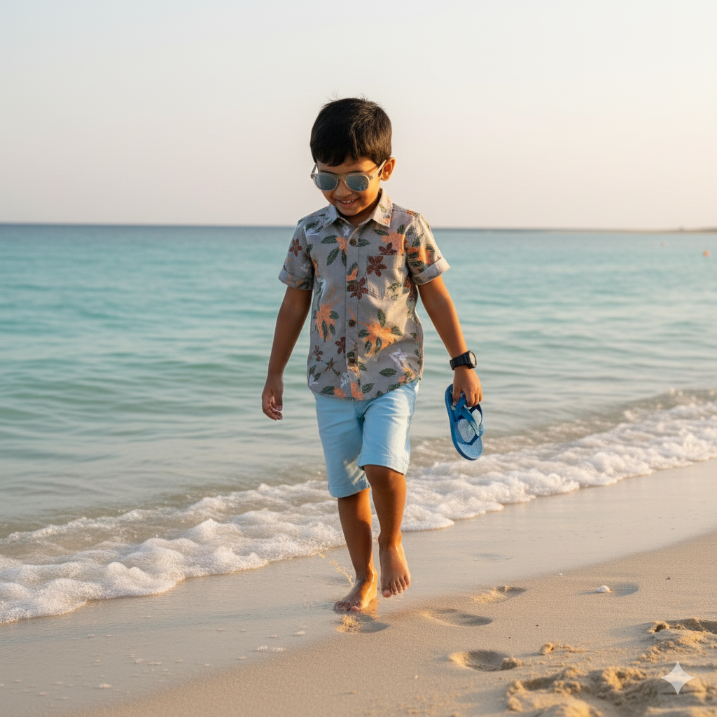 Boys Slim Fit Floral Printed Grey Casual Shirt