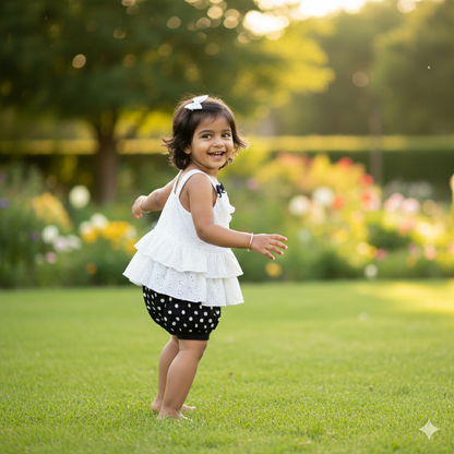 Sweet White Eyelet Ruffle Top and Black Bloomers with White Polka Dots