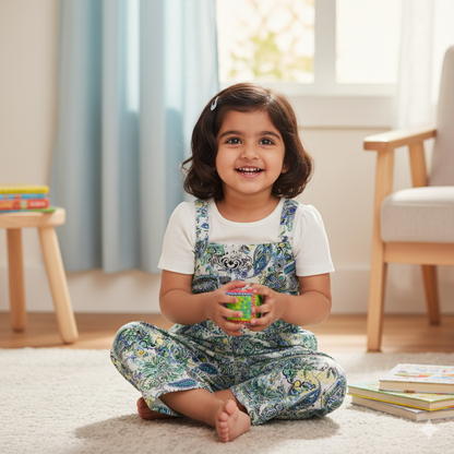 Girls Floral Printed Jumpsuit with White Top