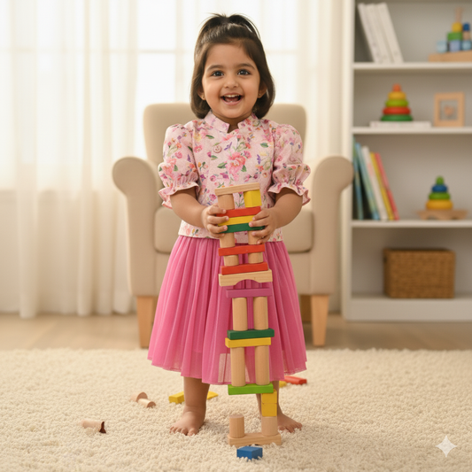 Girls Pink Floral Printed Top and Middi Set