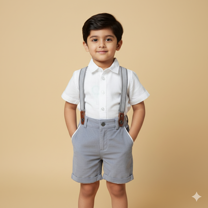 Boys Dapper White Shirt and Grey Shorts sets with Suspenders
