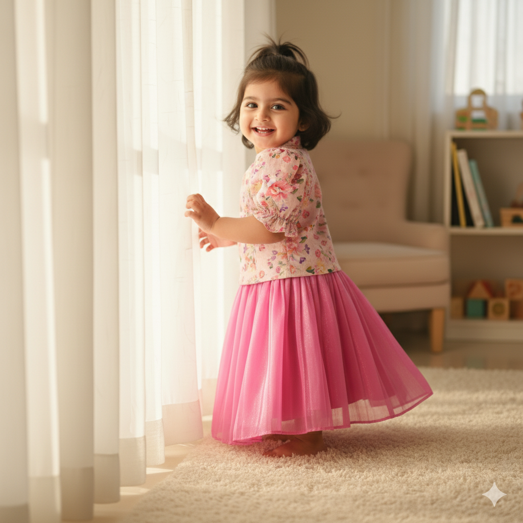 Girls Pink Floral Printed Top and Middi Set