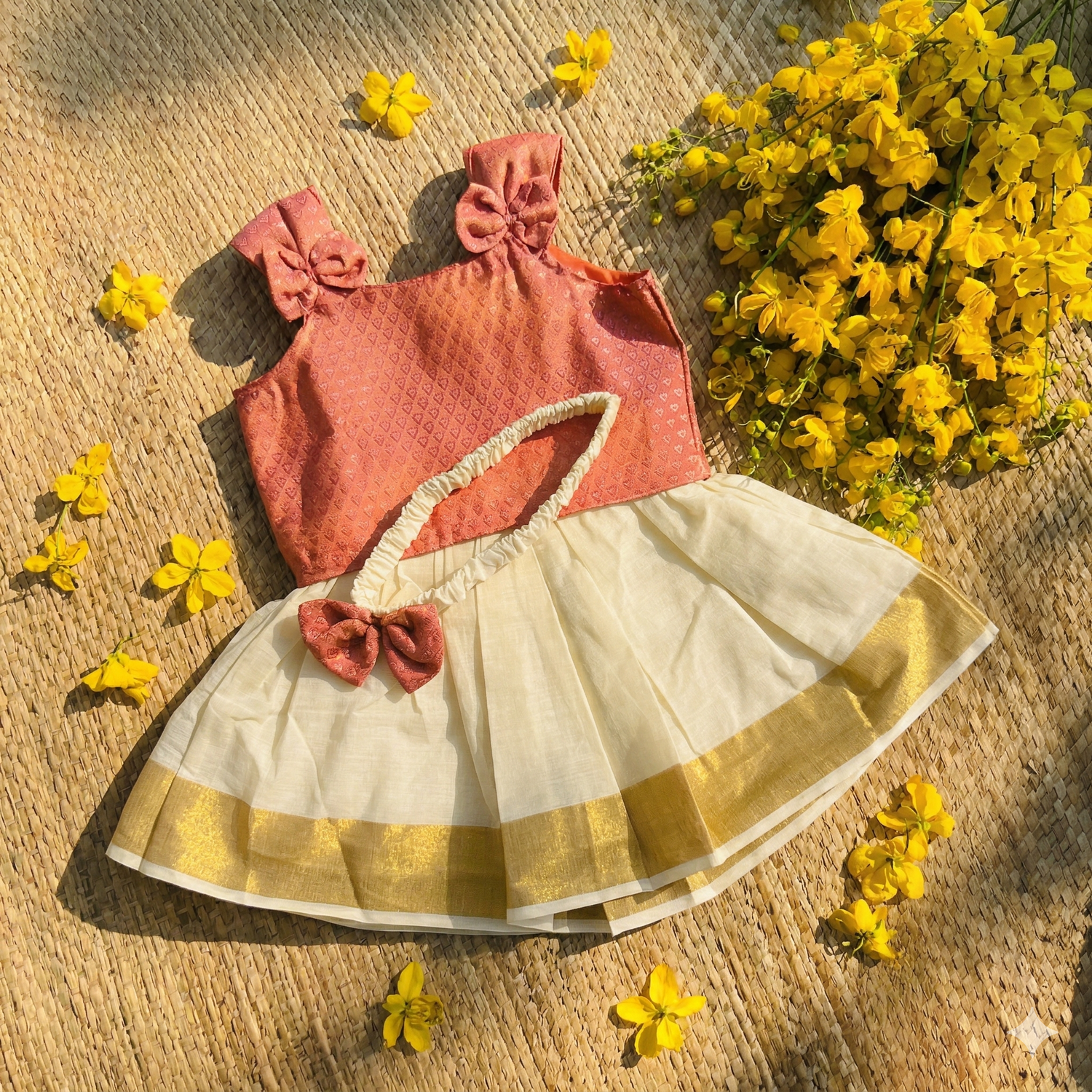 Kids' Peach & Gold Traditional Pattu Pavada Set