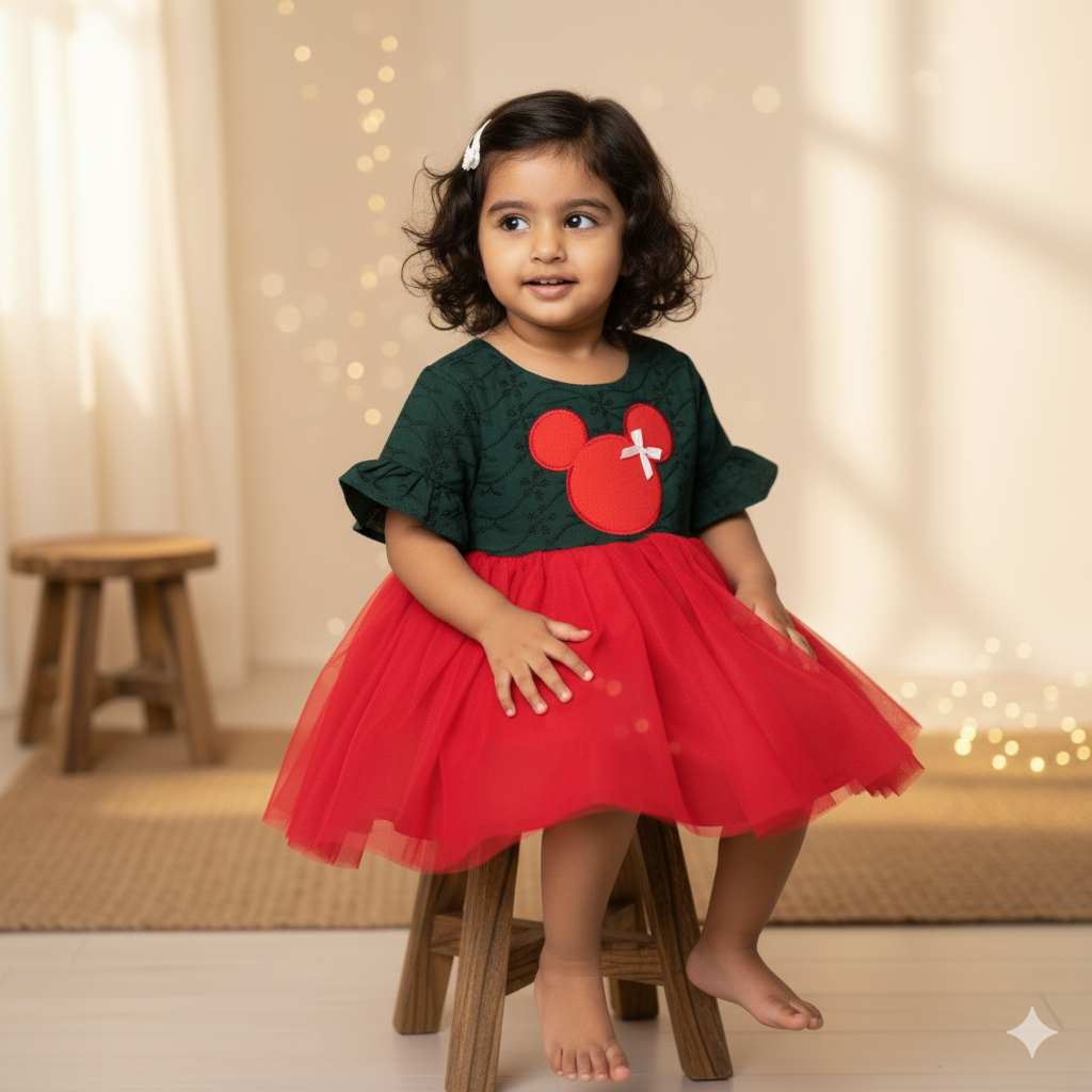 Festive Green and Red Mickey Mouse Schiffli Dress