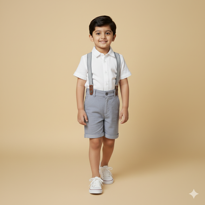 Boys Dapper White Shirt and Grey Shorts sets with Suspenders