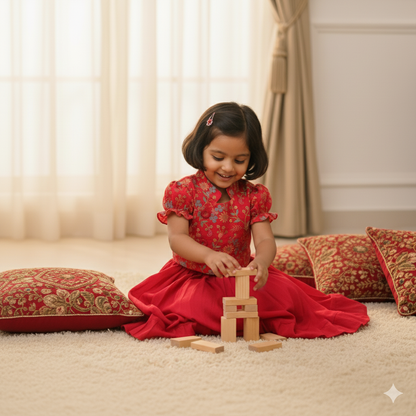 Girls Ethnic Floral Embroidered  Flare Red Dress set