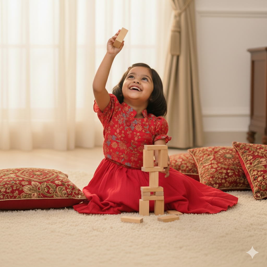 Girls Ethnic Floral Embroidered  Flare Red Dress set