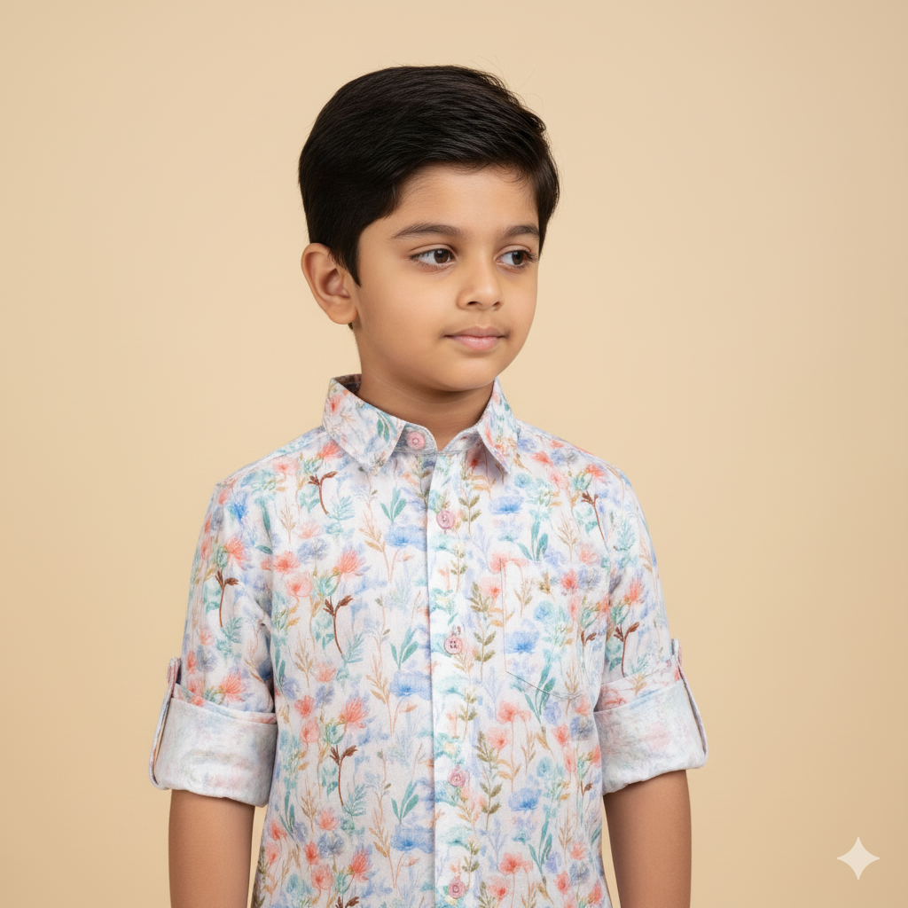 Boys Slim Fit Floral Printed Full Sleeve White Casual Shirt