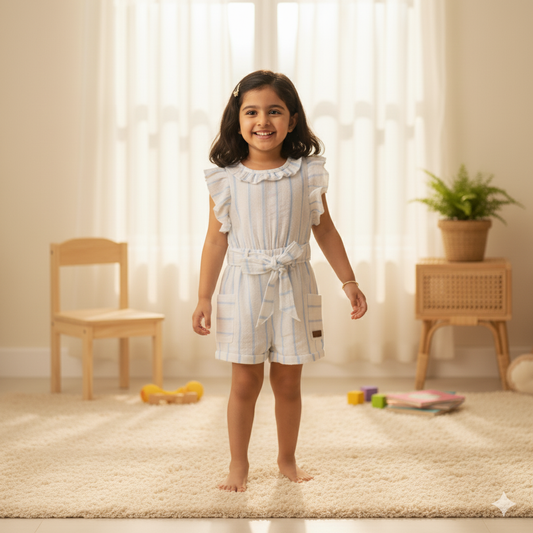Sweet Blue Striped White Romper with Ruffle Sleeves