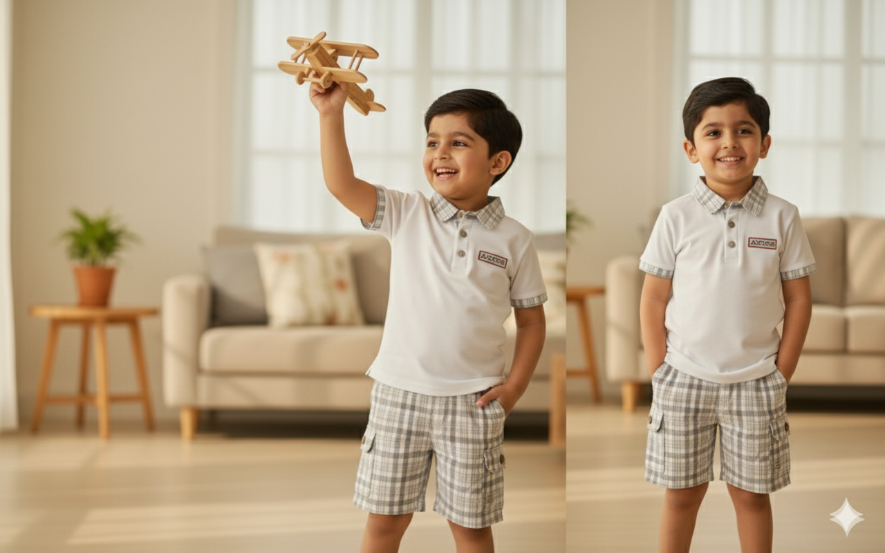 Classic White Polo with Grey Check Collar and Matching Plaid Shorts