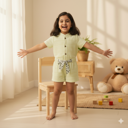 Sweet Lime Green Textured Rompers with Floral Print Belt