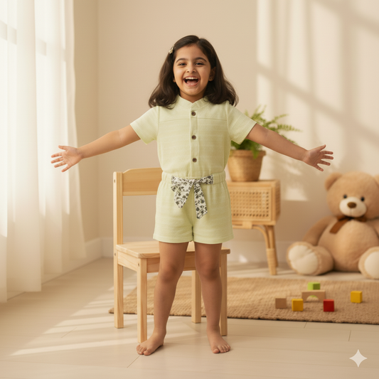 Sweet Lime Green Textured Rompers with Floral Print Belt